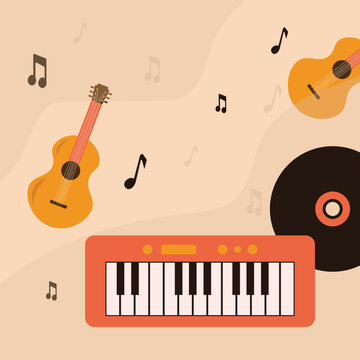 Poster Guitar keyboard record and floating music notes.