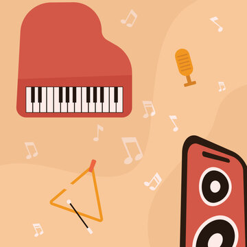 Poster Displays a piano microphone speaker triangle and music notes on a peach background.