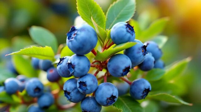 Close-up of ripe organic blueberries on plant in garden