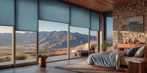 Modern bedroom mountain view blinds