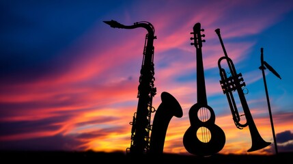 Obraz premium Artistic composition of musical instrument silhouettes against a vibrant sunset-colored backdrop.