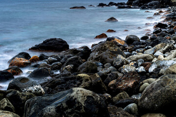 Rocky Shoreline with Waves and Smooth Water in Korea