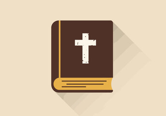 Christian holy book icon with a cross symbol in a flat design style. Vector illustration of religious scripture for faith and spirituality concepts.