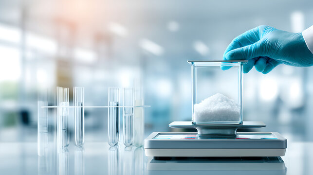 A gloved hand places a container with white powder onto a digital scale.
