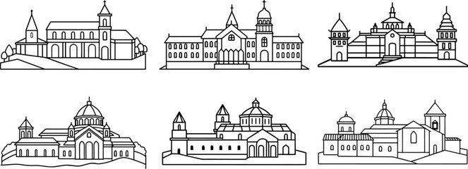 Fototapeta premium Set of Monastery outline vector illustration, line art