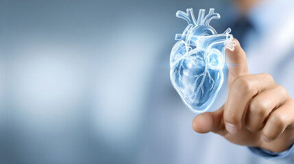 A floating transparent, glowing heart model in a doctor's hand.
