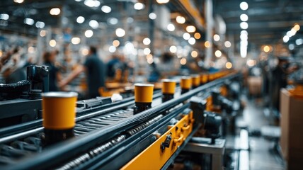 A detailed shot of products moving along a conveyor belt in a bustling manufacturing facility, showing continuous production