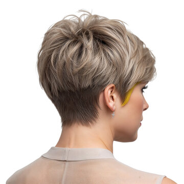 Stylish blonde pixie cut hairstyle showcasing the nape of the neck and trendy yellow highlights