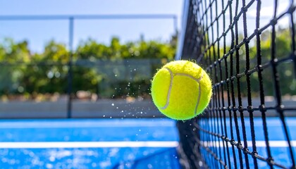Padel ball touching net on blue court, shallow depth of field and golden sunlight in background