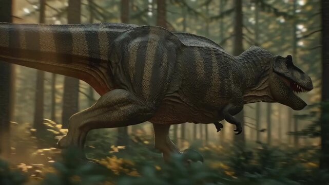 ultra-realistic action shot of a T-Rex chasing a herd of smaller dinosaurs through a dense prehistoric forest, dynamic motion blur, dramatic sunlight shafts, flying leaves and dust, cinematic, intense