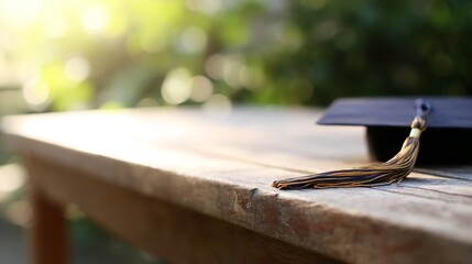 Obraz premium Single graduation cap on a wooden surface with tassel detail in warm academic atmosphere.