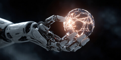 Robotic arm holds glowing data sphere, symbolizing advanced technology and innovation. intricate design and illumination create futuristic and dynamic atmosphere