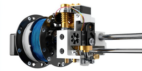 3D printer head extrudes filament with precision, showcasing intricate components and wiring on white background. design highlights modern technology and engineering