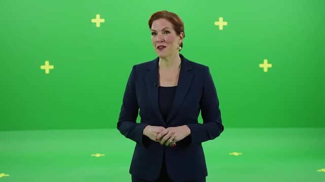 Female presenter in green screen studio, gesturing with hands with ai generated