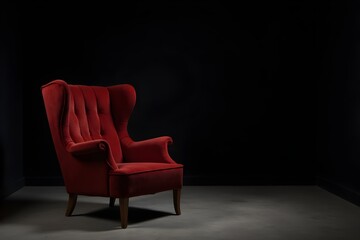 Empty red armchair in elegant dark room with copy space. Luxury room. 3d rendering.