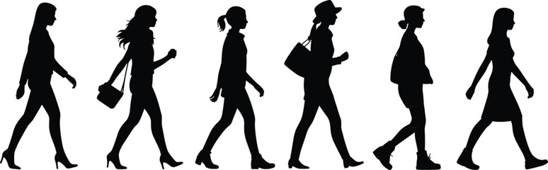 Silhouette of women walking, fashion style, casual outfits, carrying bags, side view, urban lifestyle, street style, vector illustration, modern design, movement