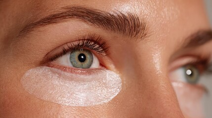 Swollen bags under circles and irritation concept. Close-up of a woman applying a soothing eye mask for rejuvenation.
