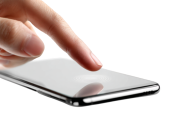 A person is pointing at a phone screen with a fingerprint on it