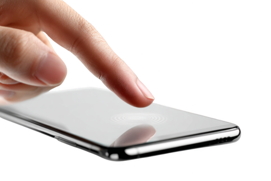 A person is pointing at a phone screen with a fingerprint on it