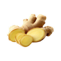 Fresh ginger root with slices isolated on a transparent background.
