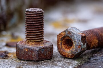 Rusty bolts on weathered concrete, outdoor closeup. Industrial background, potential use texture