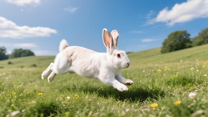 White Rabbit Leaping in Green Meadow Under Bright Blue Sky