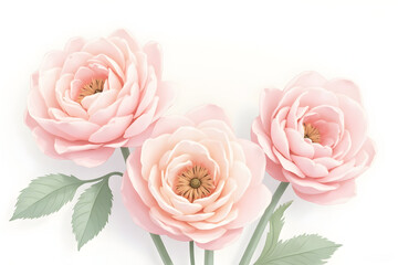 Three Pink Flowers Blooming with Green Leaves on White Background