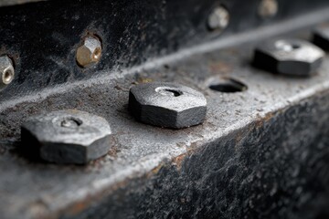 Rusty metal bolts on industrial beam, close-up