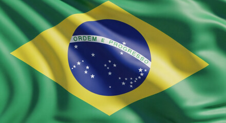 Closeup of Brazilian national flag fabric with folds and stars, waving texture symbolizing unity and patriotic Independence Day spirit, 7 de setembro