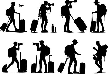 Collection of vector sketches of silhouette illustrations of traveler backpacker adventurers with luggage designs