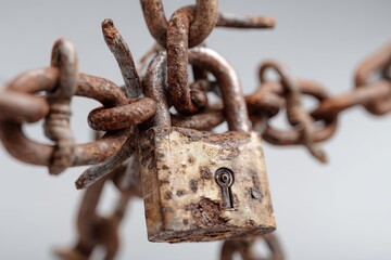 Rusty padlock secured on weathered chain against plain background; security concept