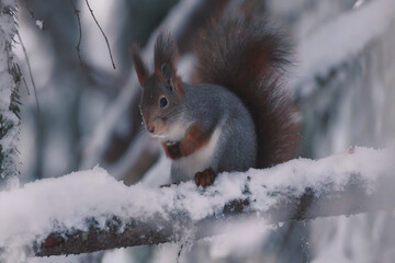 Squirrel perched on a snowy branch surrounded by winter scenery