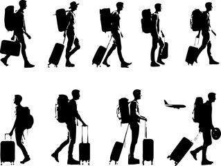 Collection of vector sketches of silhouette illustrations of traveler backpacker adventurers with luggage designs