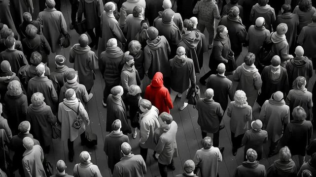Individual in red standing out among crowd in monochrome scene with ai generated