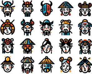 sketch vector illustration image design collection of cute and cool Chinese character people symbol icons abstract modern classic vintage ethnic traditional for decoration ornaments