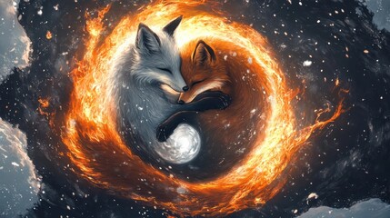 Two foxes, one silver and one orange, embrace in a circle of fire and snow, symbolizing harmony and balance between opposing forces.