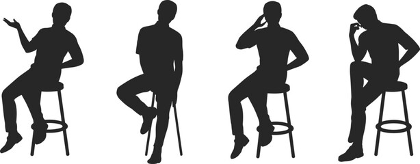 Silhouette of man sitting on stool in various poses, casual body language, thinking, talking, relaxed position, concept illustration vector art