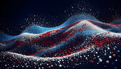 An abstract landscape of red, white, and blue data particles forming rolling hills. This dynamic technology background is perfect for big data concepts and patriotic themes.