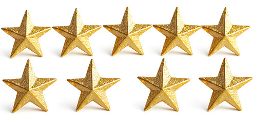 Row of ten golden stars on white background for rating