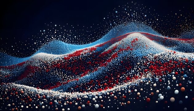 An abstract landscape of red, white, and blue data particles forming rolling hills. This dynamic technology background is perfect for big data concepts and patriotic themes.