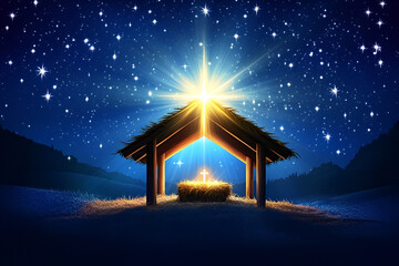 Nativity scene glowing under starry night sky with bright star