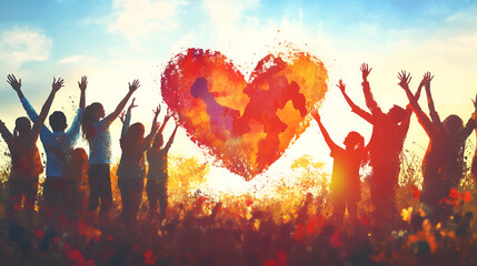 Silhouetted crowd dancing with heart shaped light in background