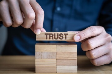 Hands placing wooden block labeled trust on stack, business reliability, ethics and partnership concept.