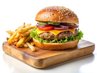 Delicious cheeseburger with fresh lettuce tomato onion and crispy french fries on a wooden board