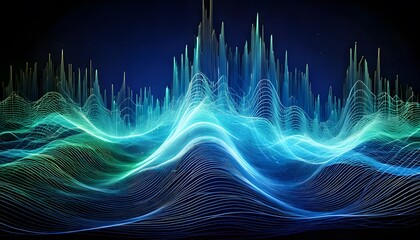 A futuristic background of glowing soundwaves and a digital audio equalizer. This abstract data visualization is perfect for themes of music, technology, big data, and communication.