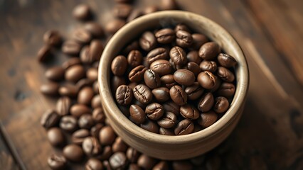 Fototapeta premium Freshly roasted coffee beans in a bowl, steaming with warmth, evoking a cozy rustic atmosphere.
