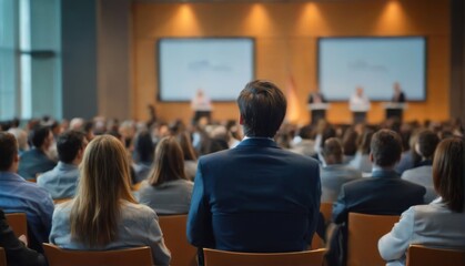 Professional conference room setting with audience listening to presentation in formal attire, high ceiling, and large windows.