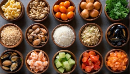 Obraz premium Culinary diversity: Various food types in wooden bowls on dark backdrop, nine unique dishes beautifully presented.
