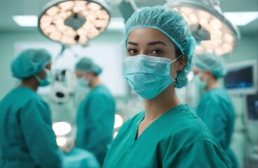 Focused Female Surgeon Leading Team in WellLit Operating Room, With Blurred Hospital Background