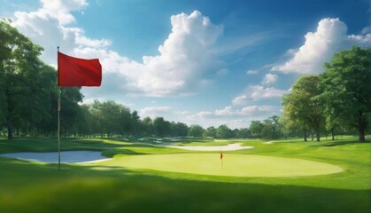Obraz premium Tranquil Golf Course Landscape with Blue Skies, Greenery, and Red Flag Waving in the Wind